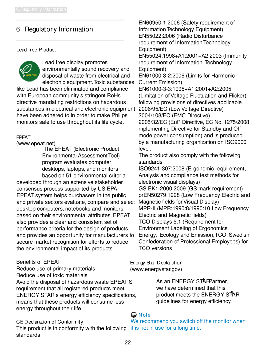 Philips 196E3L user manual Regulatory Information 