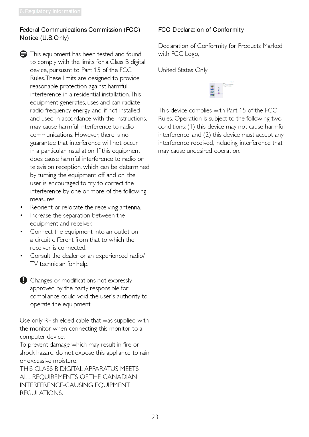 Philips 196E3L Federal Communications Commission FCC Notice U.S. Only, Reorient or relocate the receiving antenna 