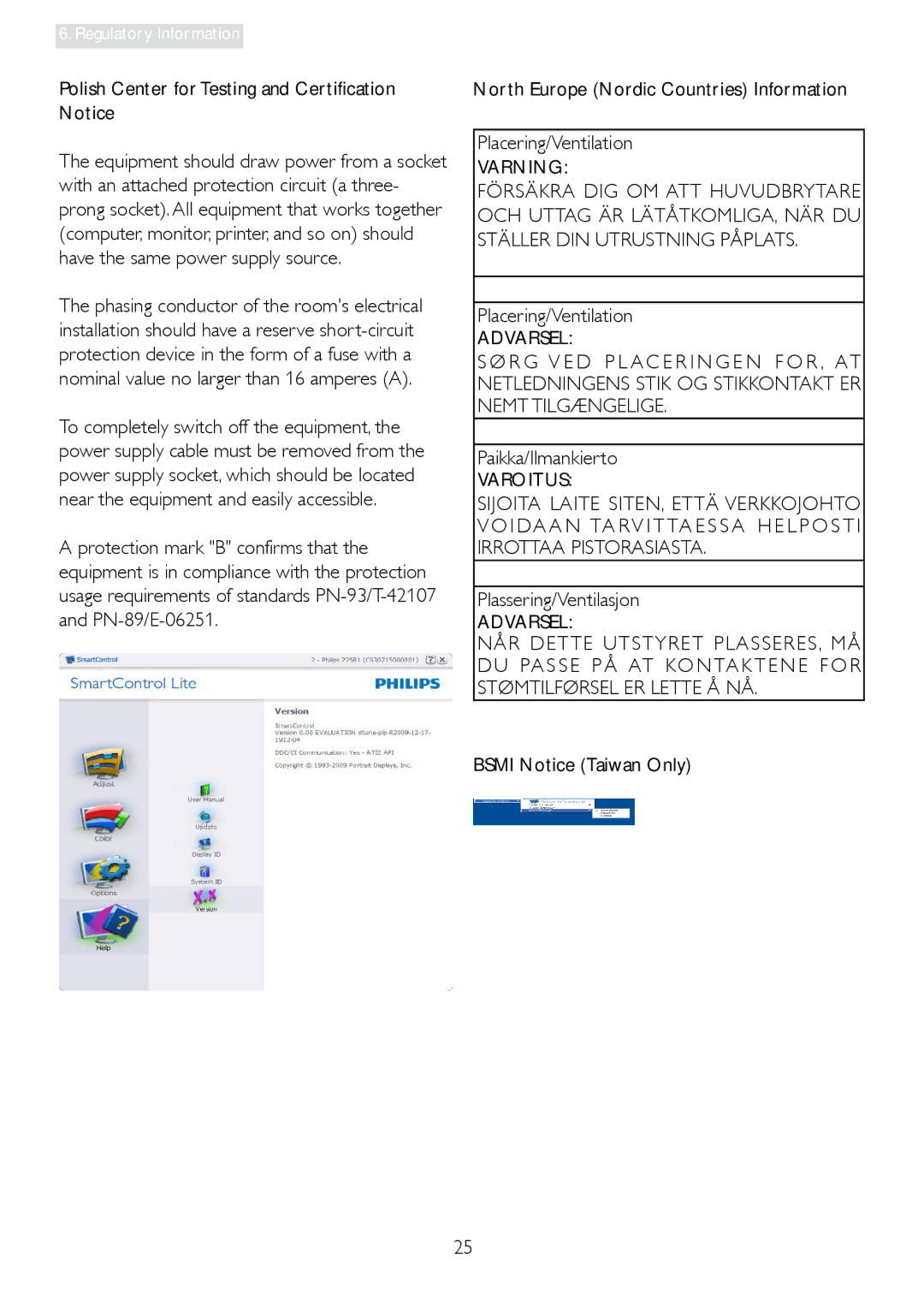 Philips 196E3L Polish Center for Testing and Certification Notice, Paikka/Ilmankierto, Varoitus, Plassering/Ventilasjon 