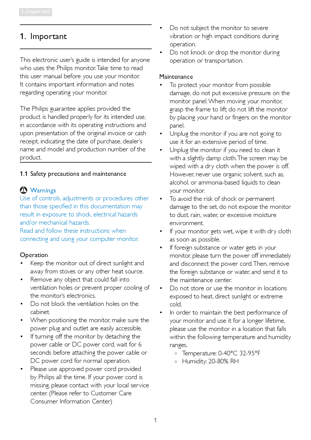 Philips 196E3L user manual Safety precautions and maintenance, Operation, Temperature 0-40C 32-95F Humidity 20-80% RH 