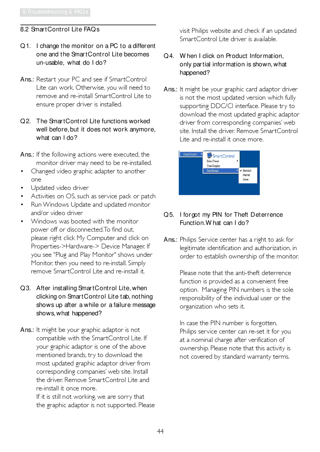 Philips 196E3L user manual SmartControl Lite FAQs, Run Windows Update and updated monitor and/or video driver 