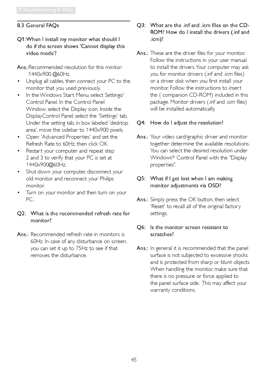 Philips 196E3L user manual Icm? Q4 How do I adjust the resolution? 