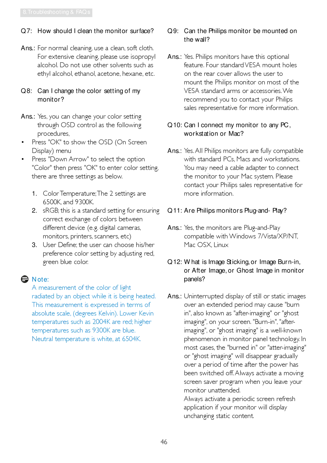 Philips 196E3L user manual Q7 How should I clean the monitor surface?, Color TemperatureThe 2 settings are 6500K, and 9300K 