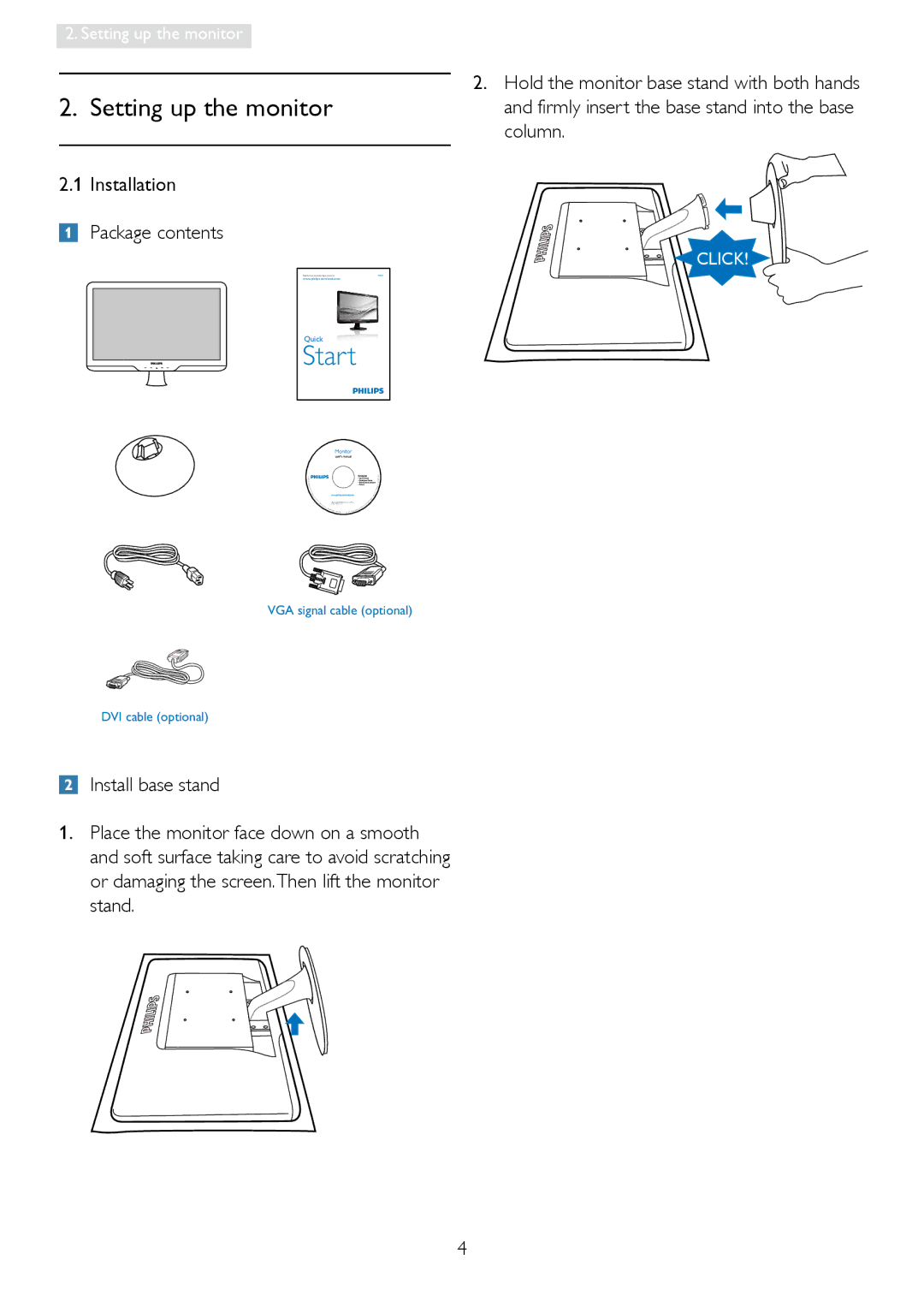 Philips 196E3L user manual Setting up the monitor, Column, Installation Package contents 