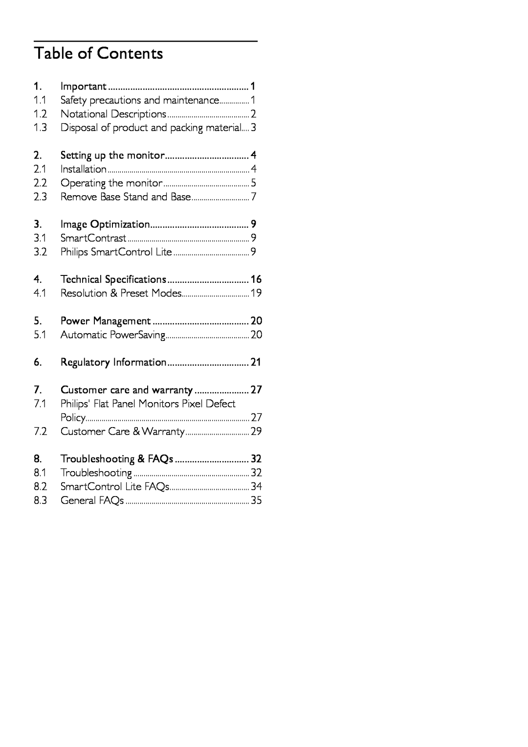 Philips 196V3 user manual Table of Contents 