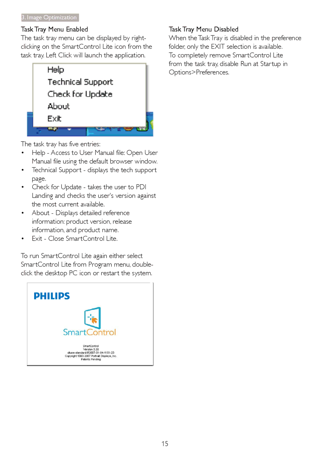 Philips 196V3 user manual Task Tray Menu Enabled, Exit Close SmartControl Lite, Task Tray Menu Disabled 