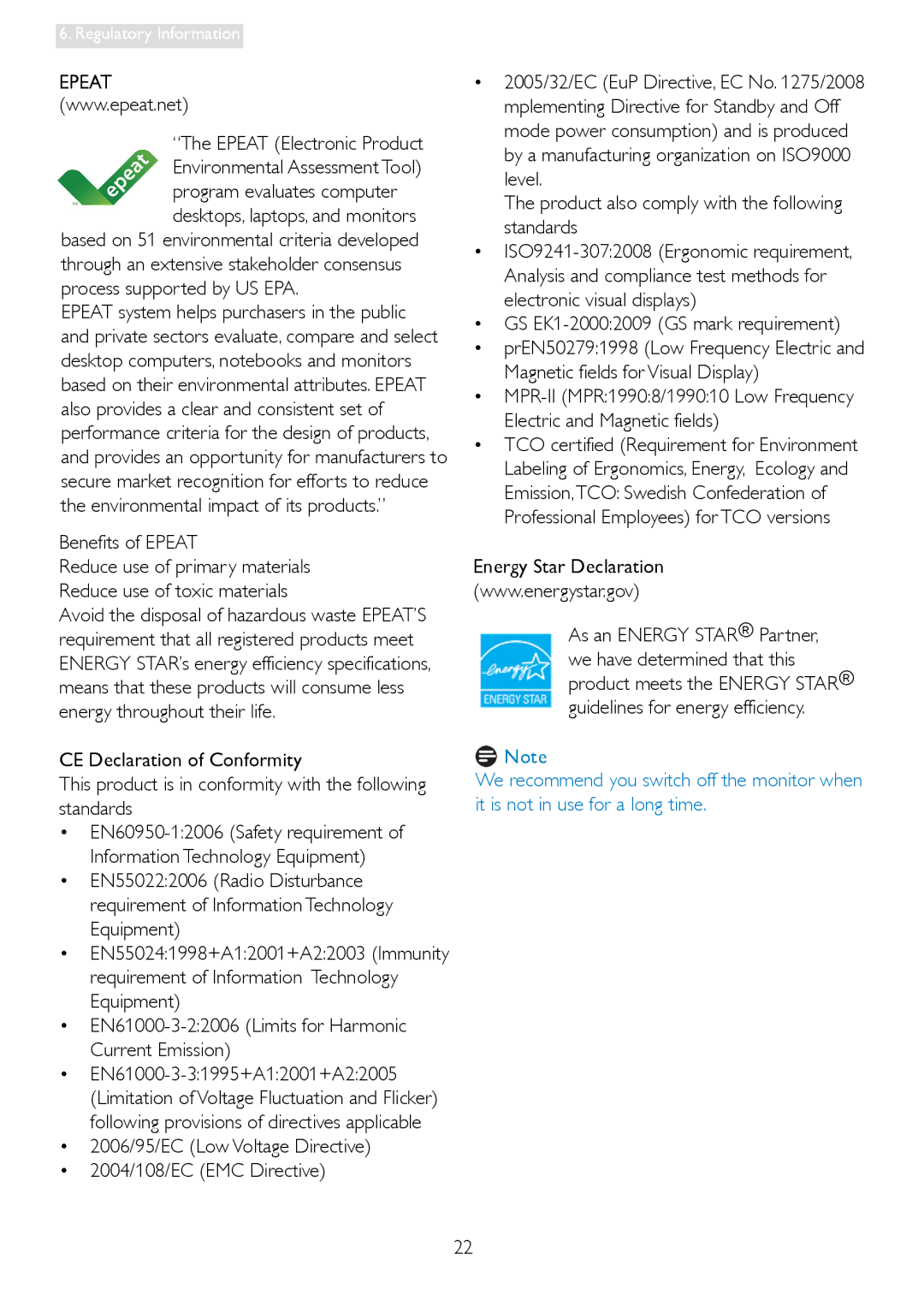 Philips 196V3 Epeat Electronic Product, Benefits of Epeat, 2006/95/EC Low Voltage Directive 2004/108/EC EMC Directive 