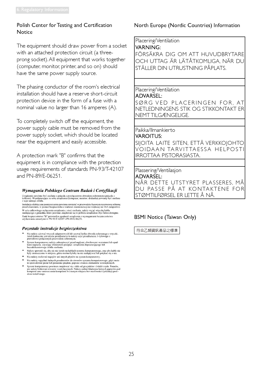 Philips 196V3 Polish Center for Testing and Certification Notice, Paikka/Ilmankierto, Varoitus, Plassering/Ventilasjon 