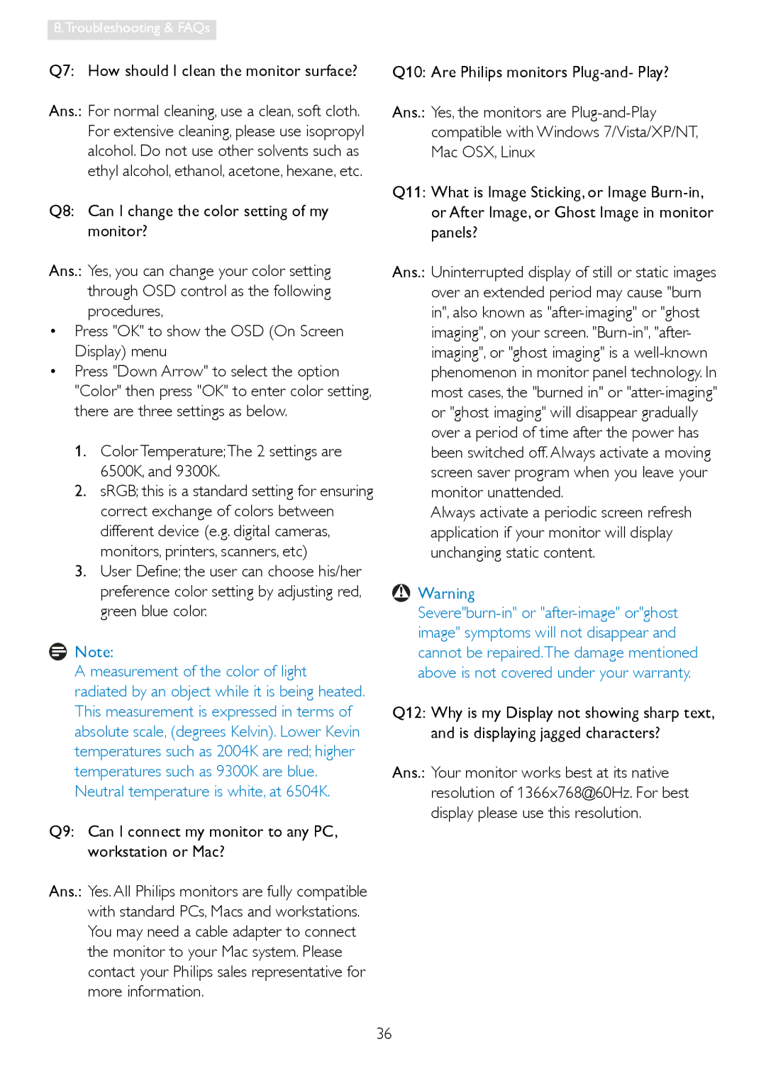 Philips 196V3 user manual Q7 How should I clean the monitor surface?, Color TemperatureThe 2 settings are 6500K, and 9300K 