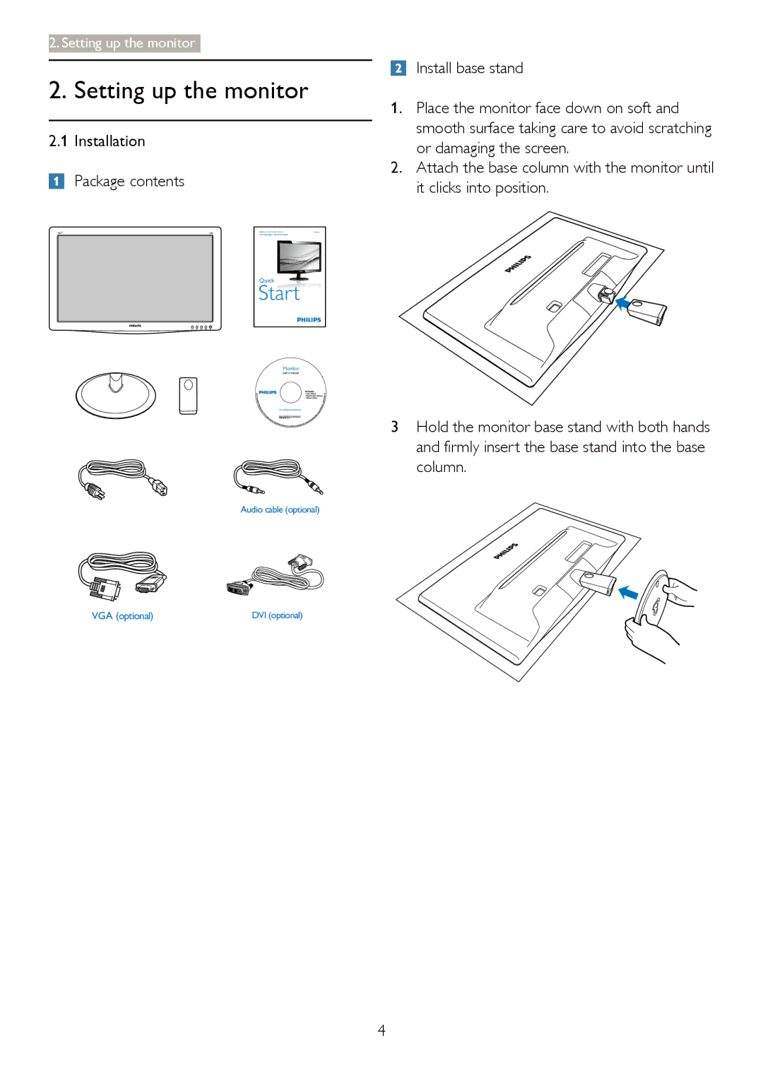 Philips 196V3 user manual Setting up the monitor, Installation Package contents 