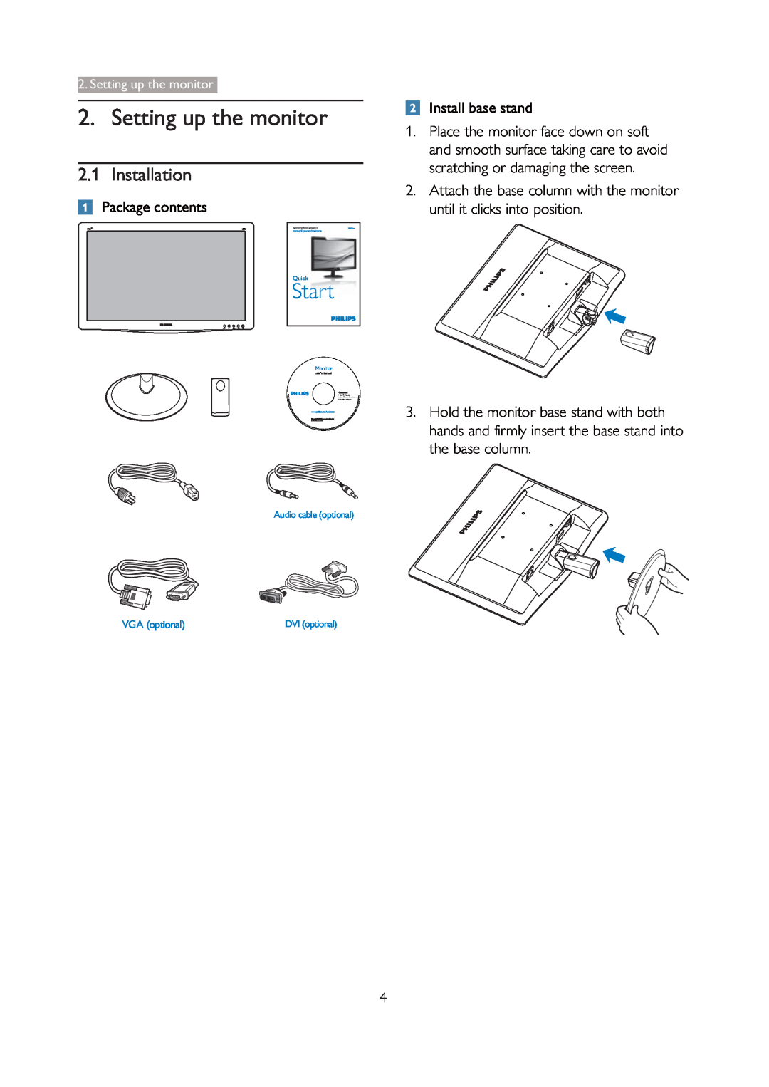 Philips 196V3L user manual Setting up the monitor, Installation, Package contents, Install base stand, Start 