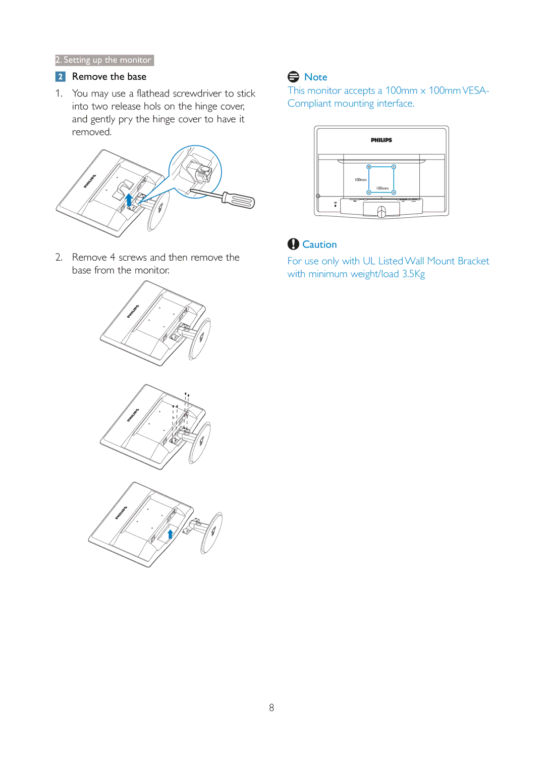 Philips 196V3L user manual Remove 4 screws and then remove the base from the monitor 