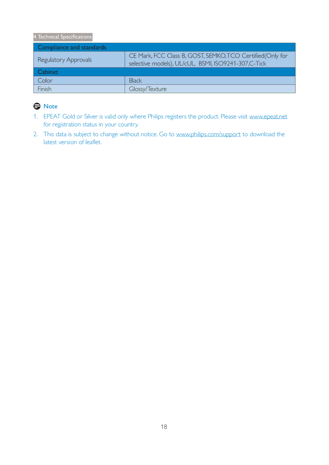 Philips 196V3L Compliance and standards Regulatory Approvals, Selective models, UL/cUL, BSMI, ISO9241-307,C-Tick 