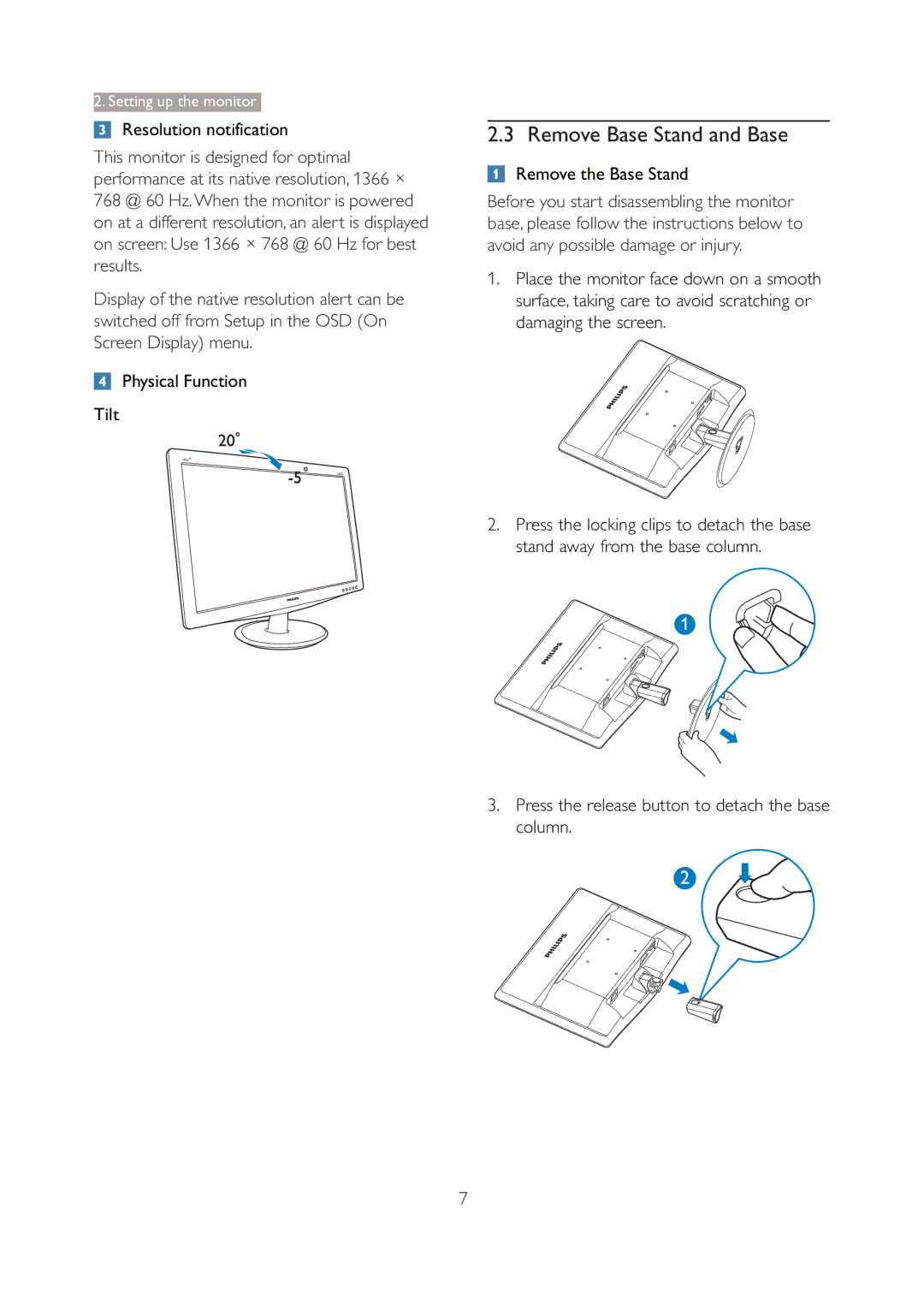 Philips 196V3L Remove Base Stand and Base, Resolution notification, Physical Function Tilt, Remove the Base Stand 