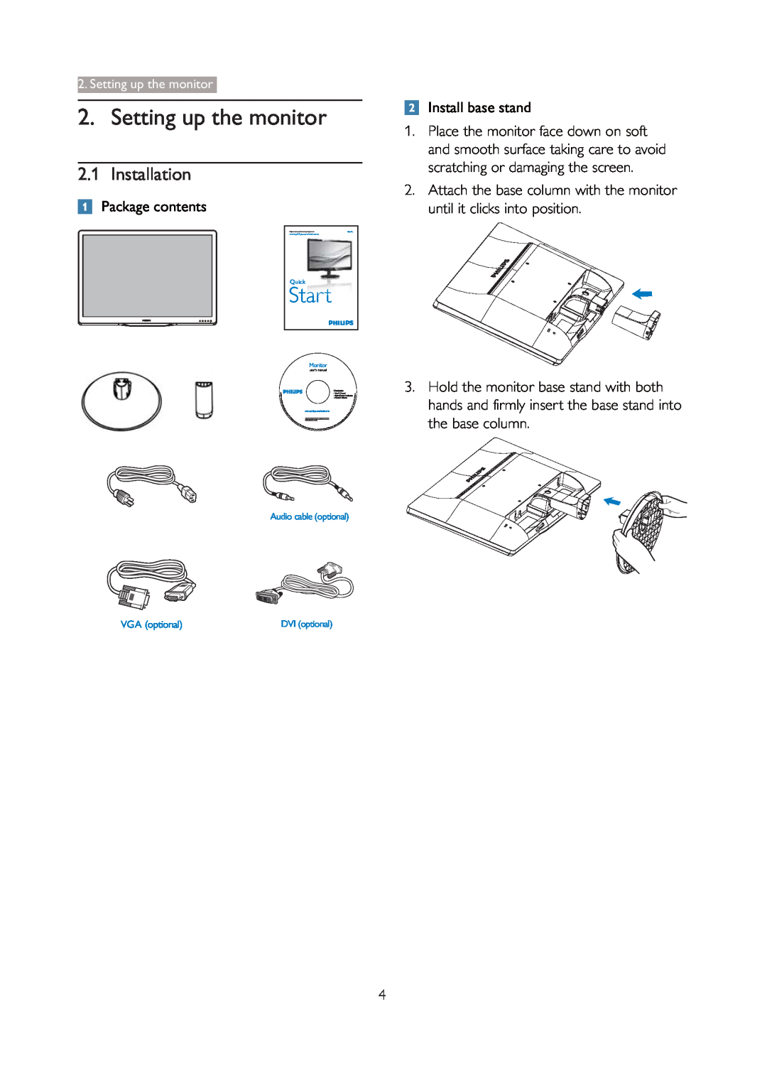 Philips 196V4L user manual Setting up the monitor, Installation, Package contents, Install base stand, Start 