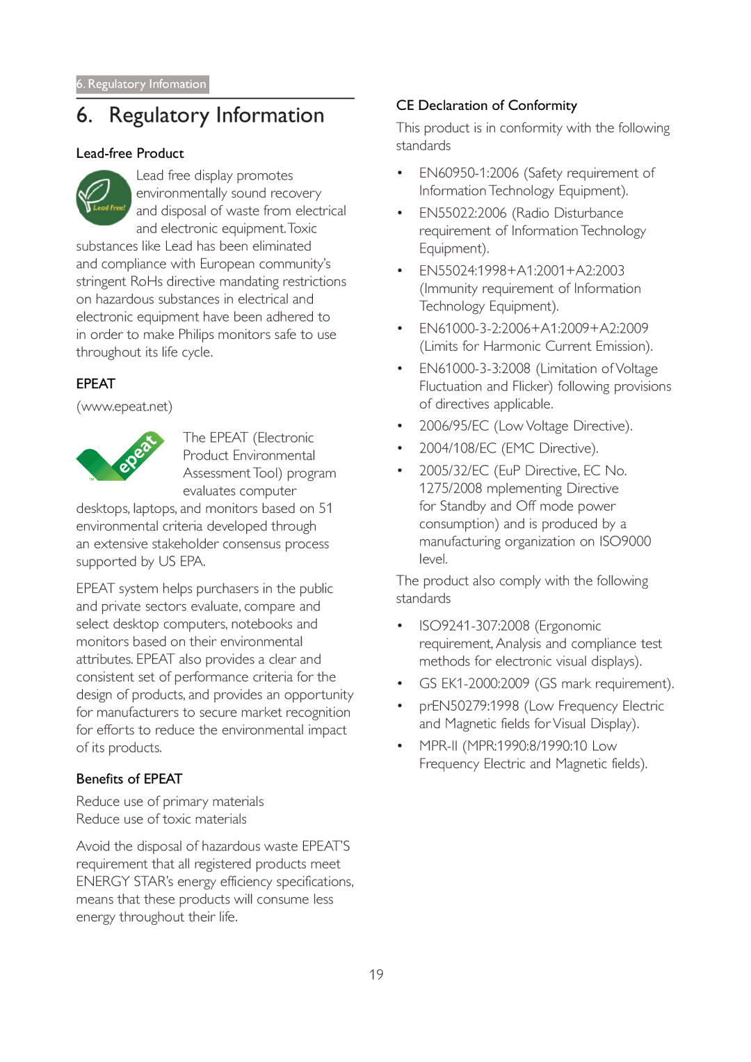 Philips 196V4L Regulatory Information, Epeat Electronic Product Environmental, GS EK1-20002009 GS mark requirement 