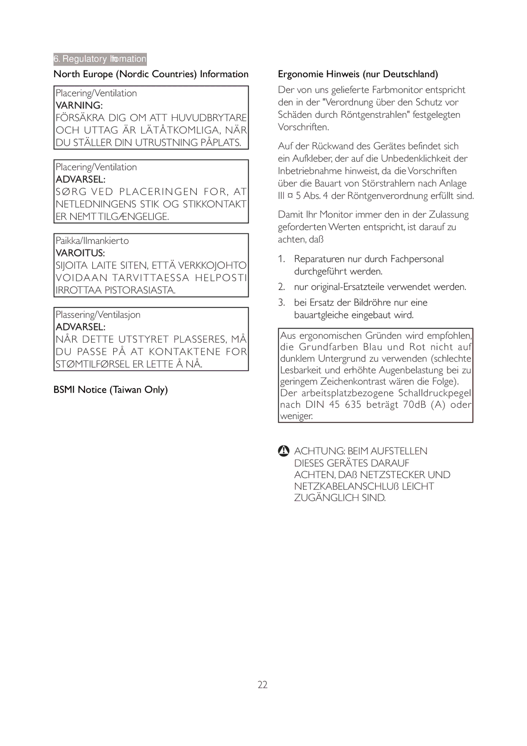 Philips 196V4L user manual Placering/Ventilation, Paikka/Ilmankierto, Plassering/Ventilasjon 