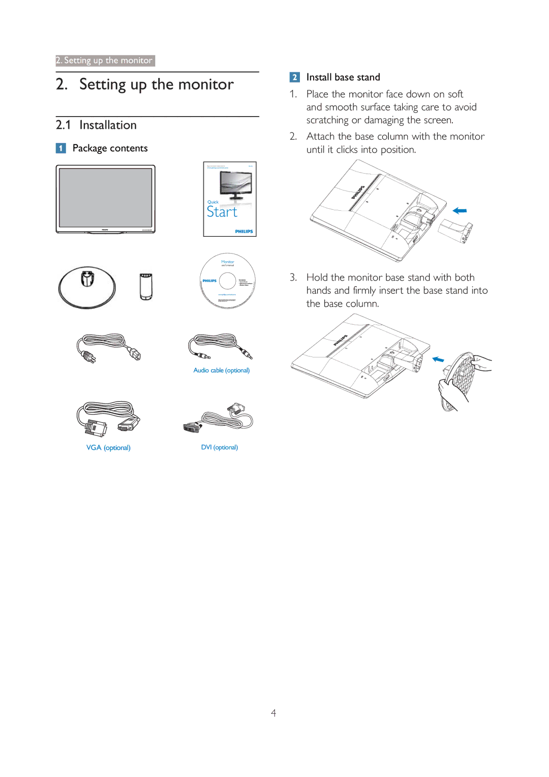 Philips 196V4L user manual Setting up the monitor, Installation, Package contents, Install base stand 