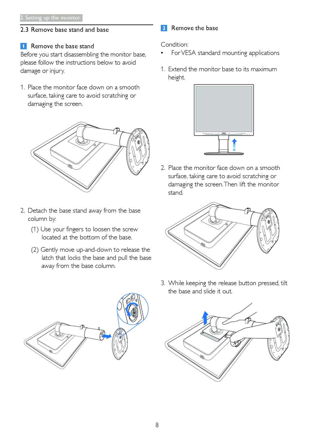 Philips 19B4LPCB/27 user manual Remove base stand and base Remove the base stand 