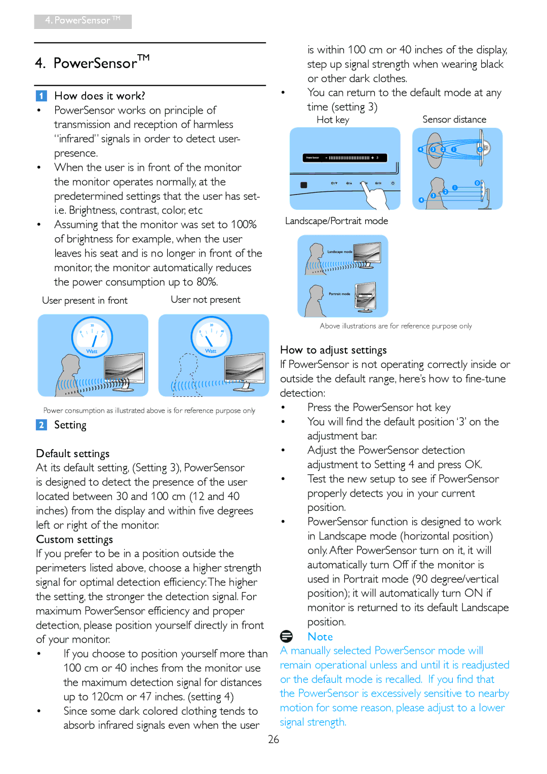 Philips 19B4LPCB/27 user manual PowerSensorTM, Setting Default settings, Custom settings 