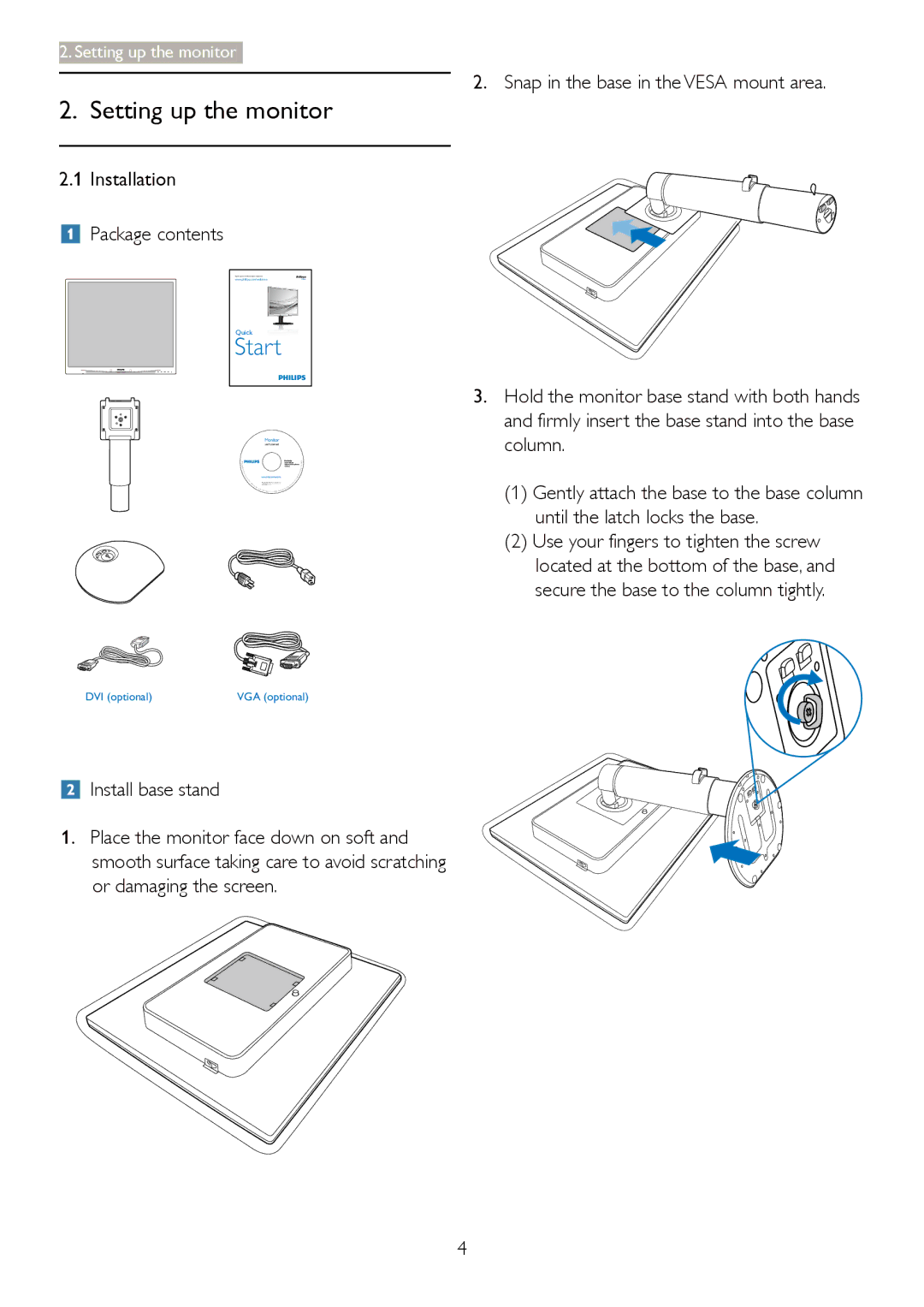 Philips 19B4LPCB/27 user manual Setting up the monitor 