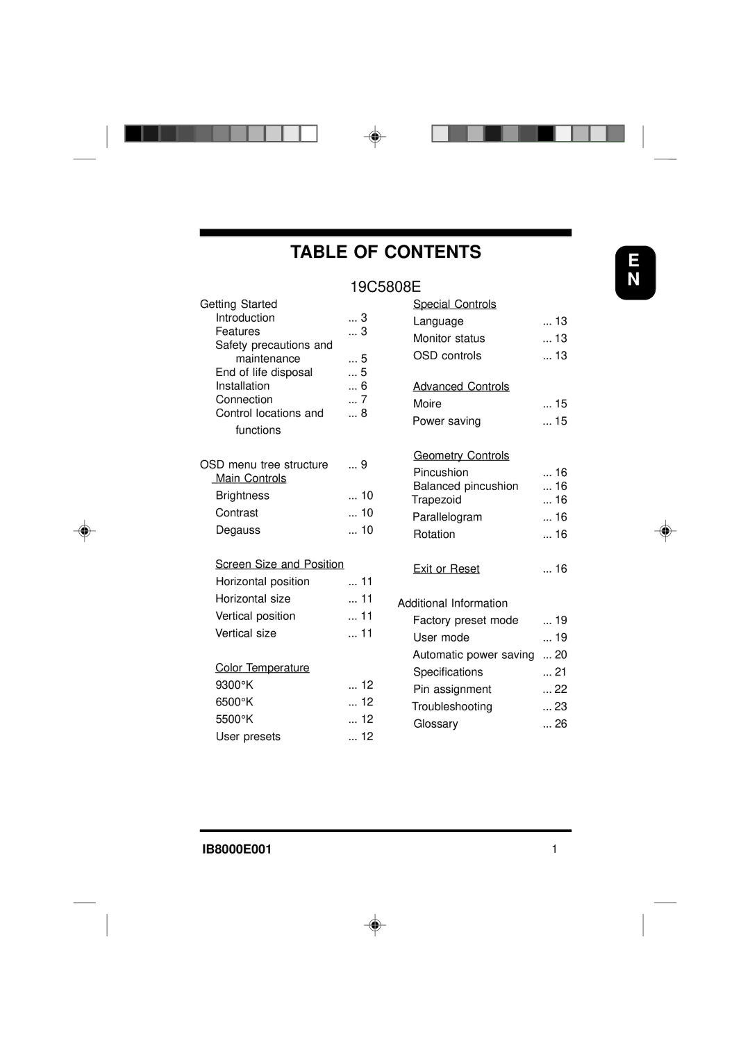 Philips 19C5808E specifications Table of Contents 