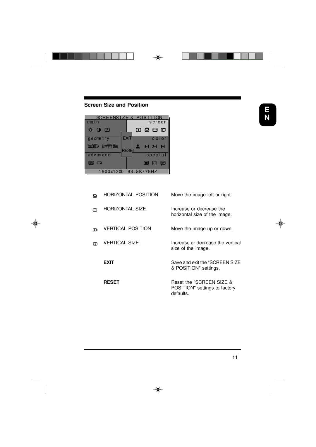 Philips 19C5808E specifications Screen Size and Position 