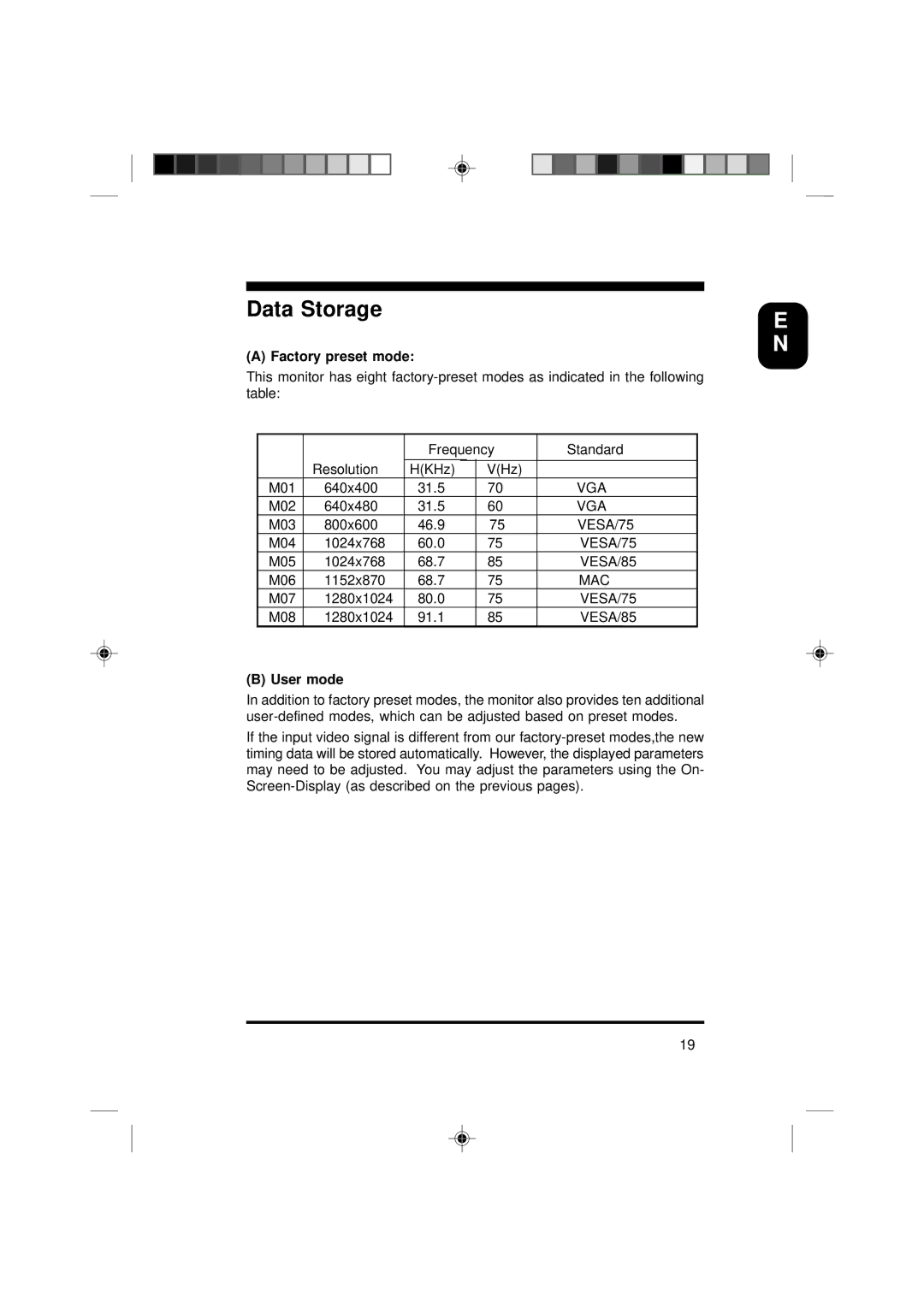 Philips 19C5808E specifications Data Storage, Factory preset mode 