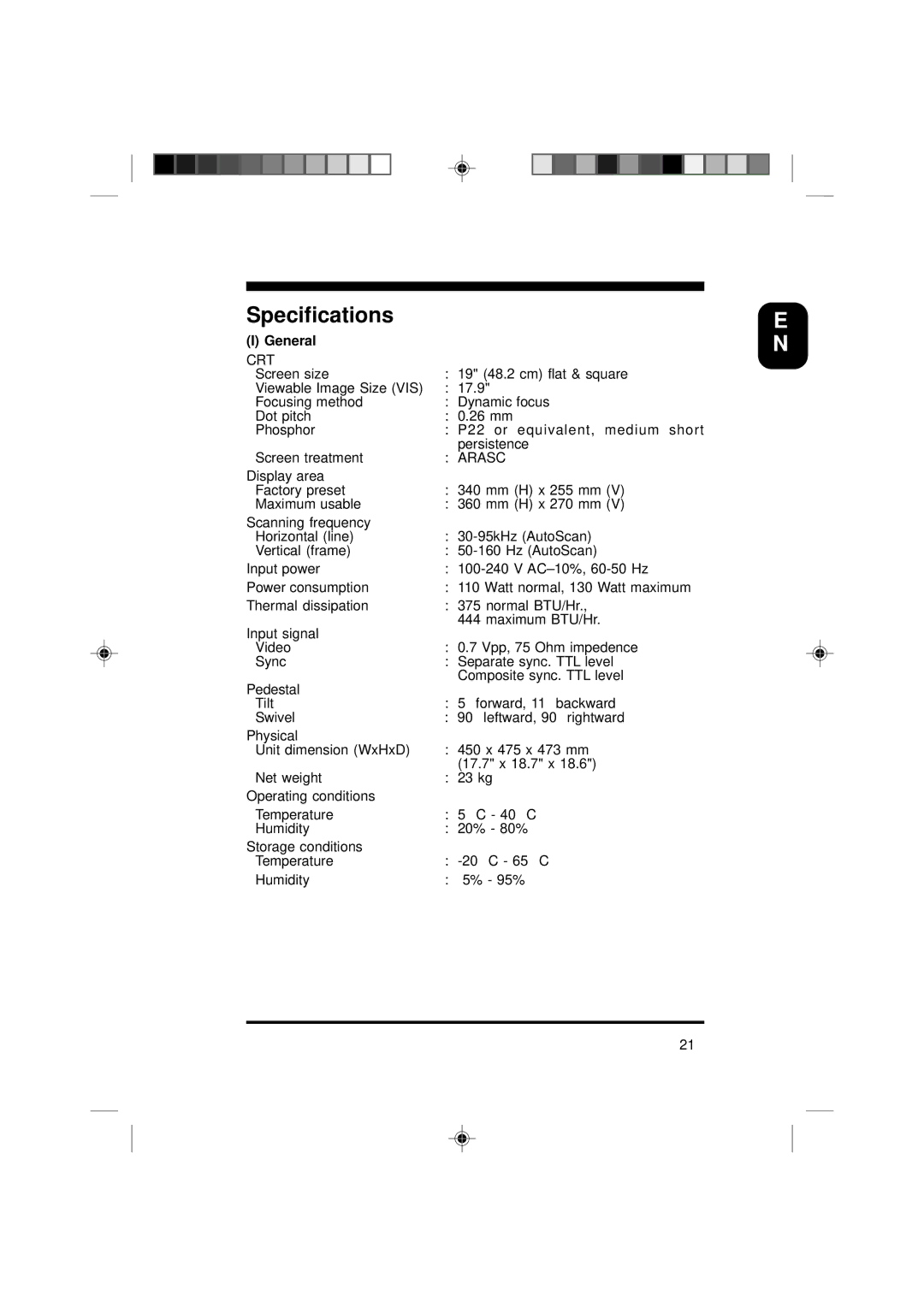 Philips 19C5808E specifications Specifications, General 