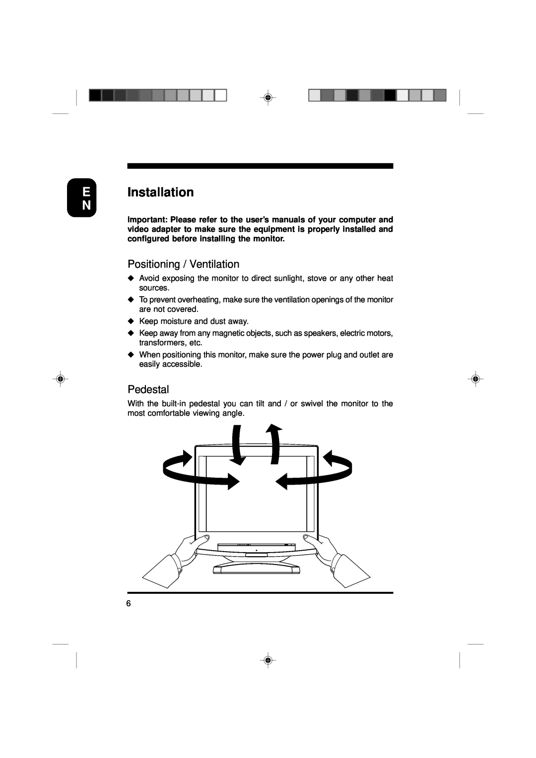 Philips 19C5808E specifications EInstallation, Positioning / Ventilation, Pedestal 