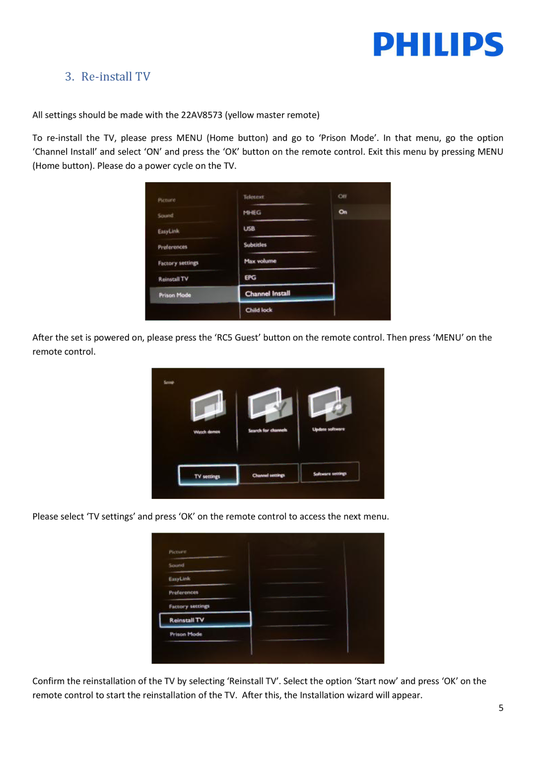 Philips 19HFL3233D/10 installation manual Re-install TV 