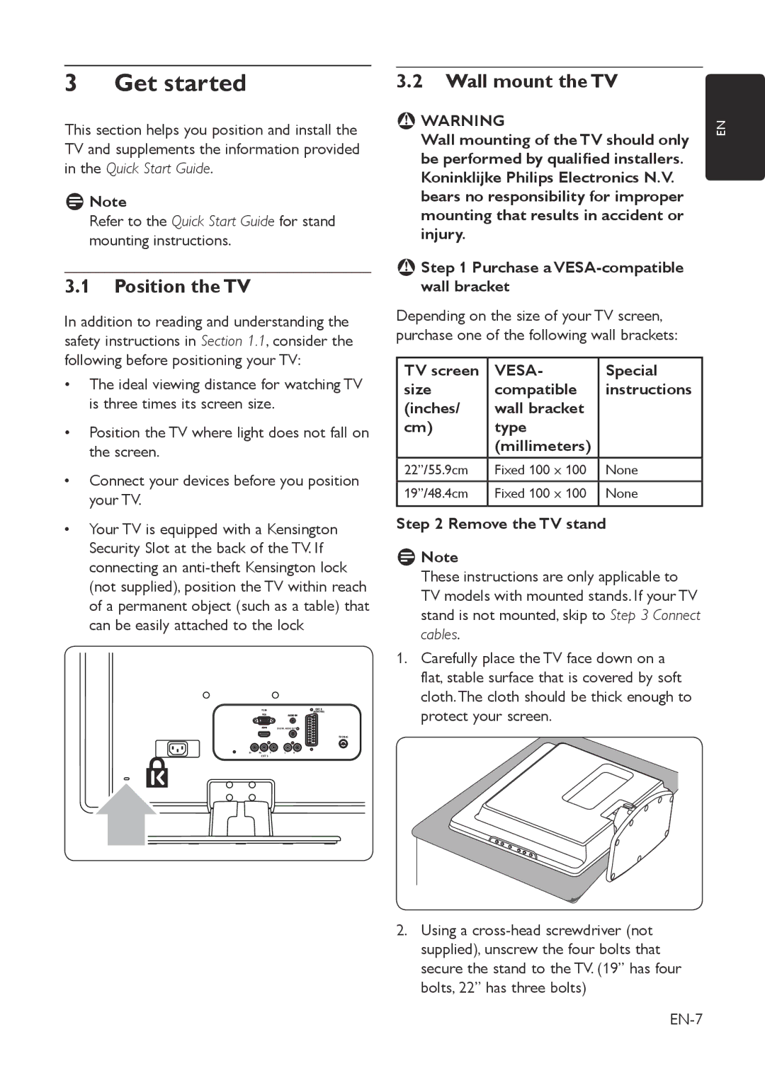 Philips 19HFL3330D/10, 22HFL3330D/10 manual Get started, Position the TV, Wall mount the TV, Bbwarning, Vesa 