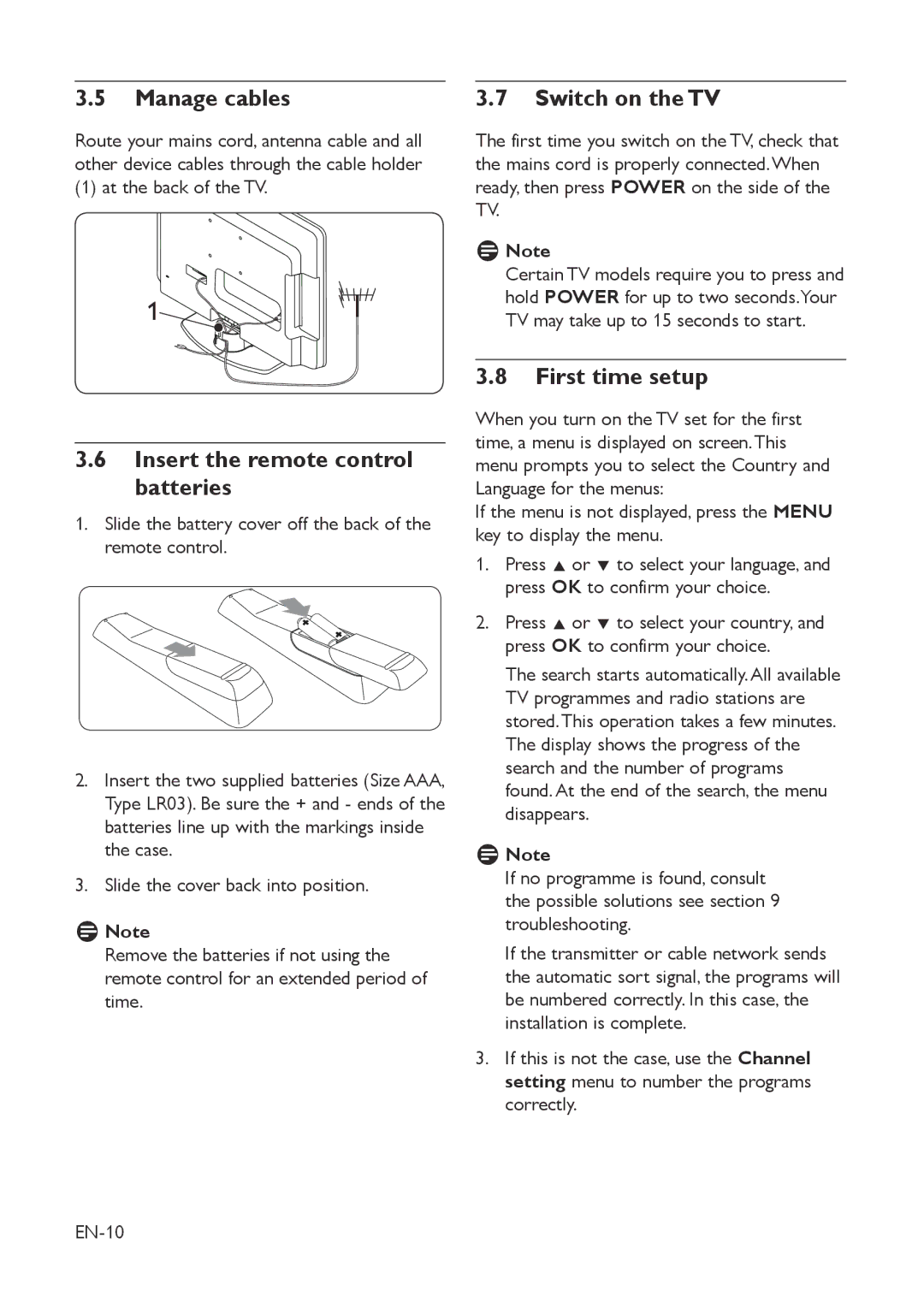 Philips 22HFL3330D/10 manual Manage cables, Insert the remote control batteries, Switch on the TV, First time setup 