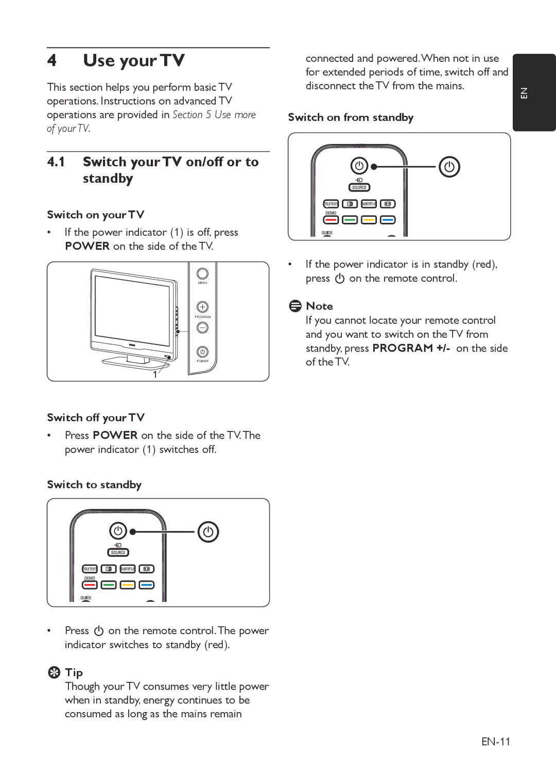 Philips 19HFL3330D/10, 22HFL3330D/10 manual Use your TV, Switch your TV on/off or to standby 