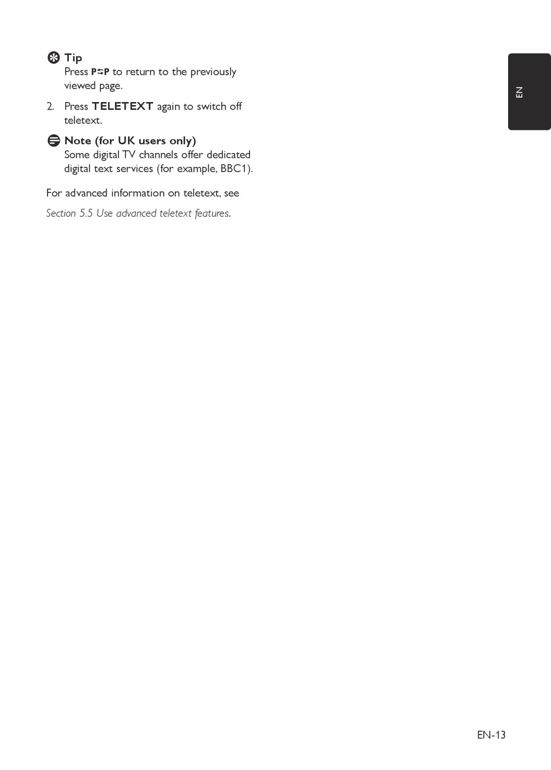 Philips 19HFL3330D/10, 22HFL3330D/10 manual DDNote for UK users only, For advanced information on teletext, see, EN-13 