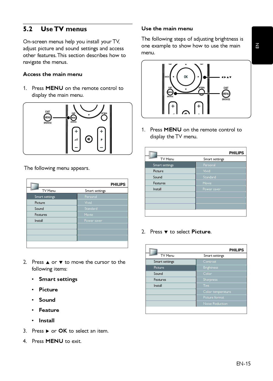 Philips 19HFL3330D/10 Use TV menus, Access the main menu, Use the main menu, Smart settings Picture Sound Feature Install 