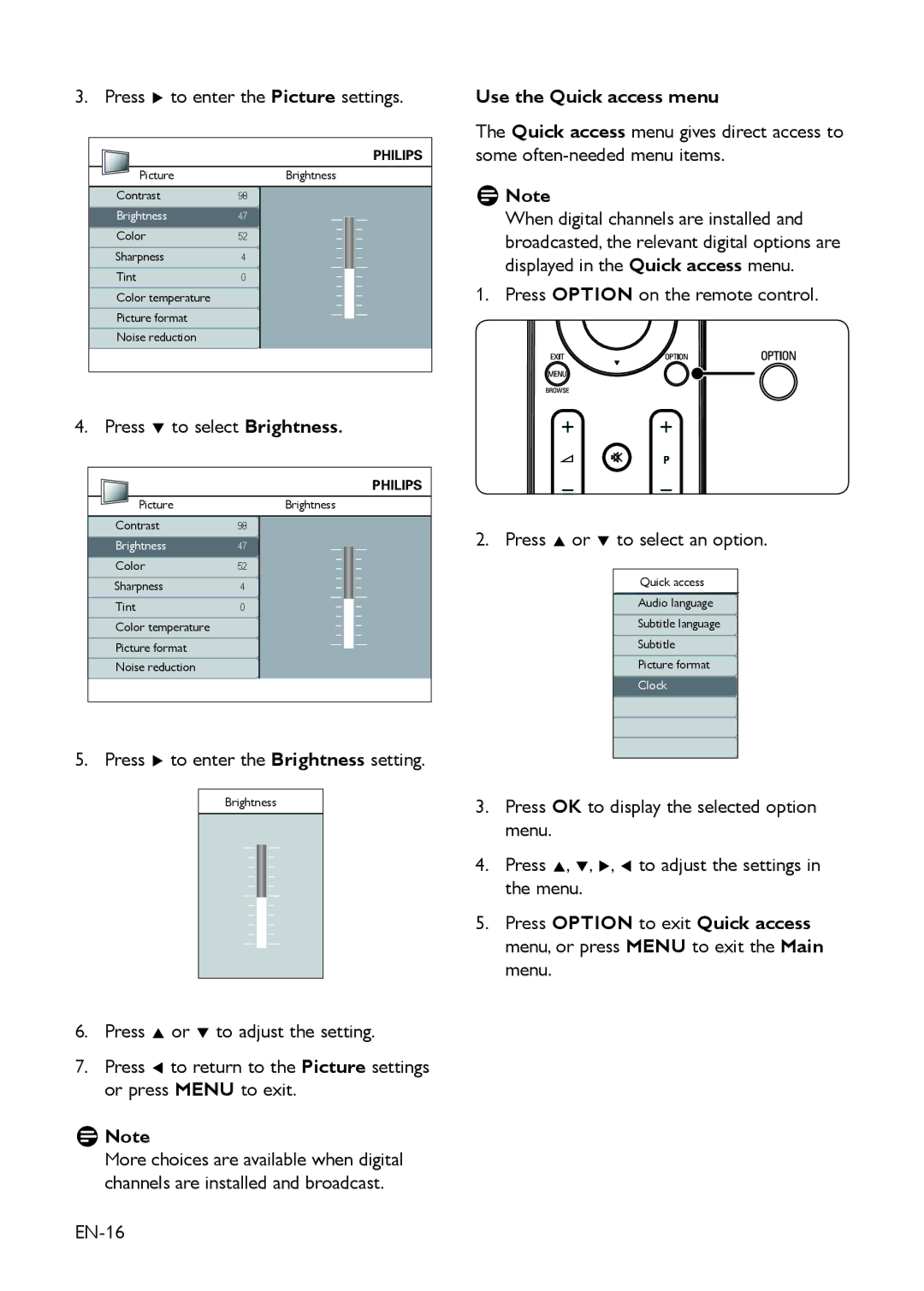 Philips 22HFL3330D/10, 19HFL3330D/10 manual Press Æ to enter the Picture settings, Press ï to select Brightness, EN-16 