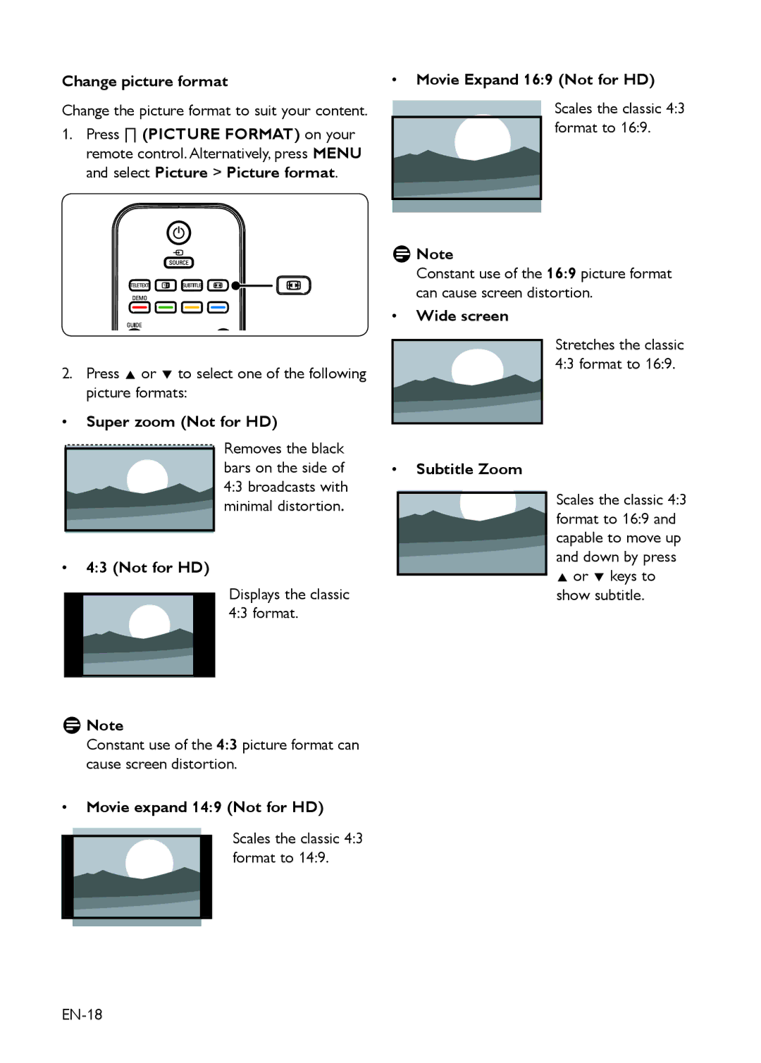 Philips 22HFL3330D/10 manual Change picture format, Super zoom Not for HD, Movie Expand 169 Not for HD, Wide screen 