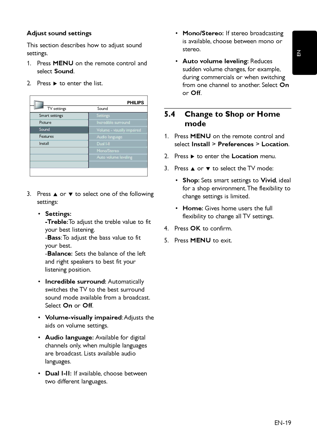 Philips 19HFL3330D/10 manual Change to Shop or Home Mode, Adjust sound settings, Settings, Auto volume leveling Reduces 