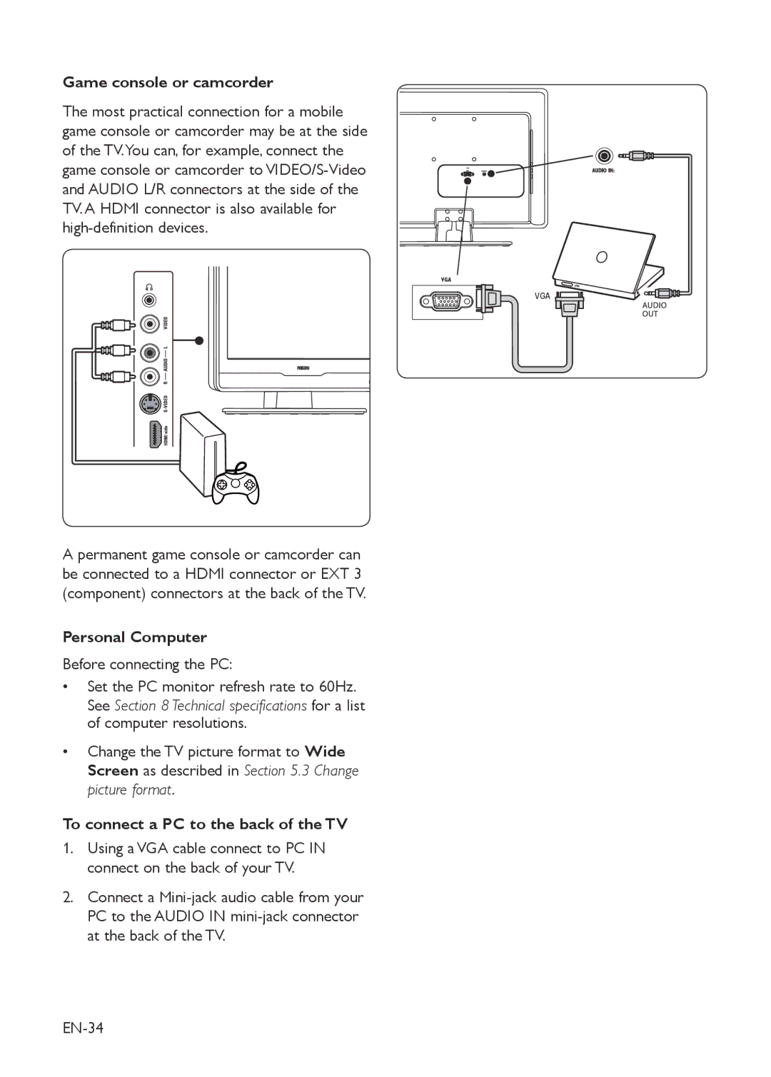 Philips 22HFL3330D/10 manual Game console or camcorder, Personal Computer, To connect a PC to the back of the TV, EN-34 