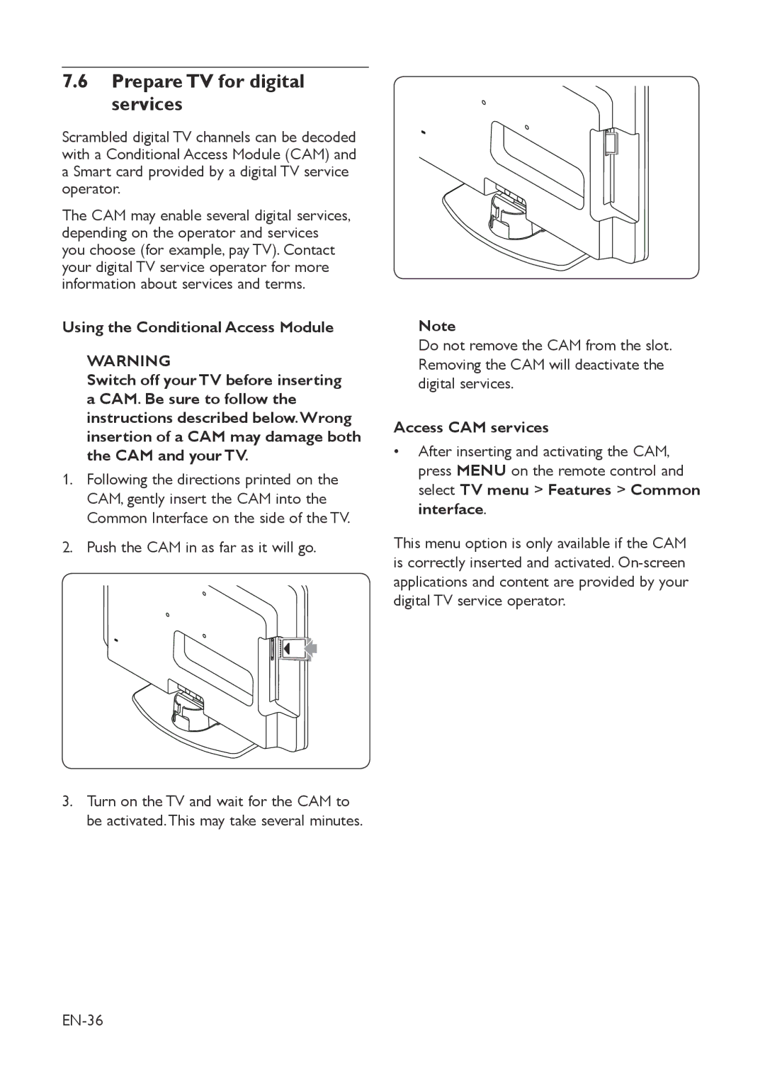 Philips 22HFL3330D/10 Prepare TV for digital services, Using the Conditional Access Module, Access CAM services, EN-36 