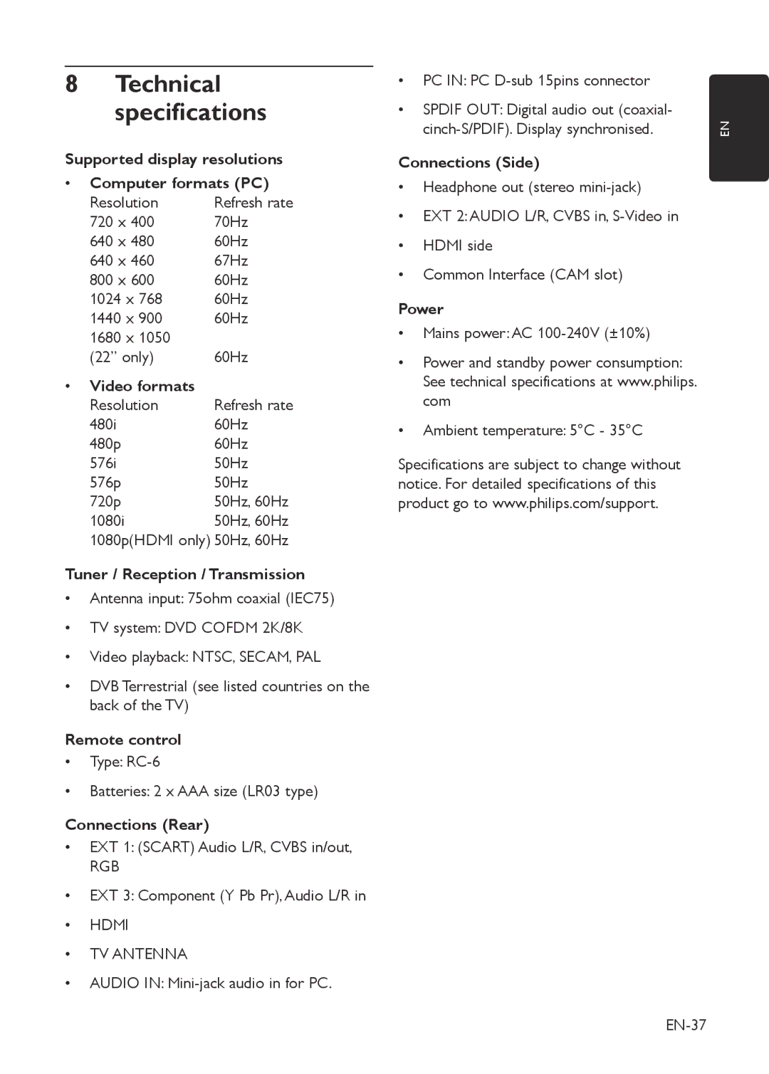 Philips 19HFL3330D/10 Supported display resolutions Computer formats PC, Video formats, Tuner / Reception / Transmission 