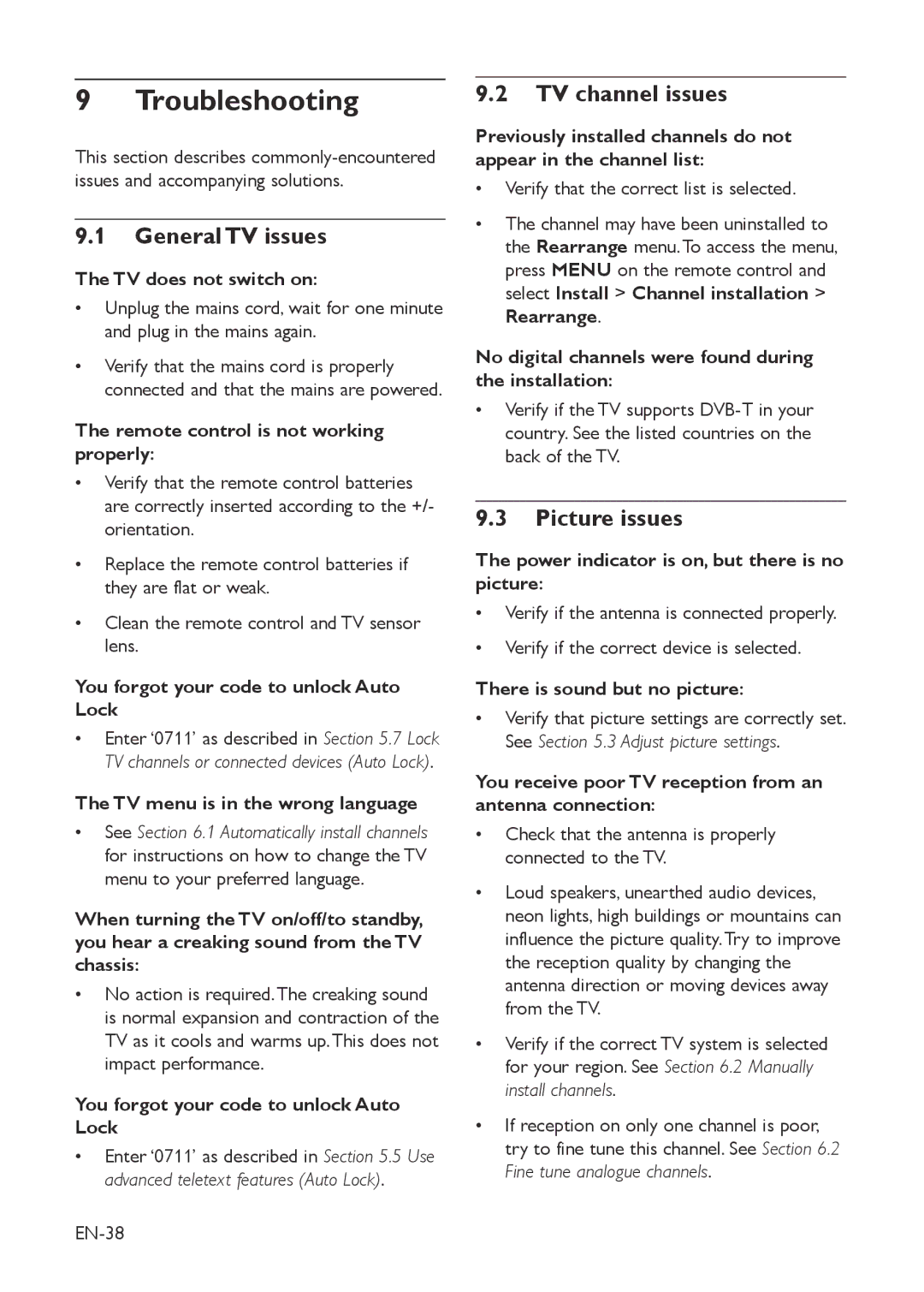 Philips 22HFL3330D/10, 19HFL3330D/10 manual Troubleshooting, General TV issues, TV channel issues, Picture issues 