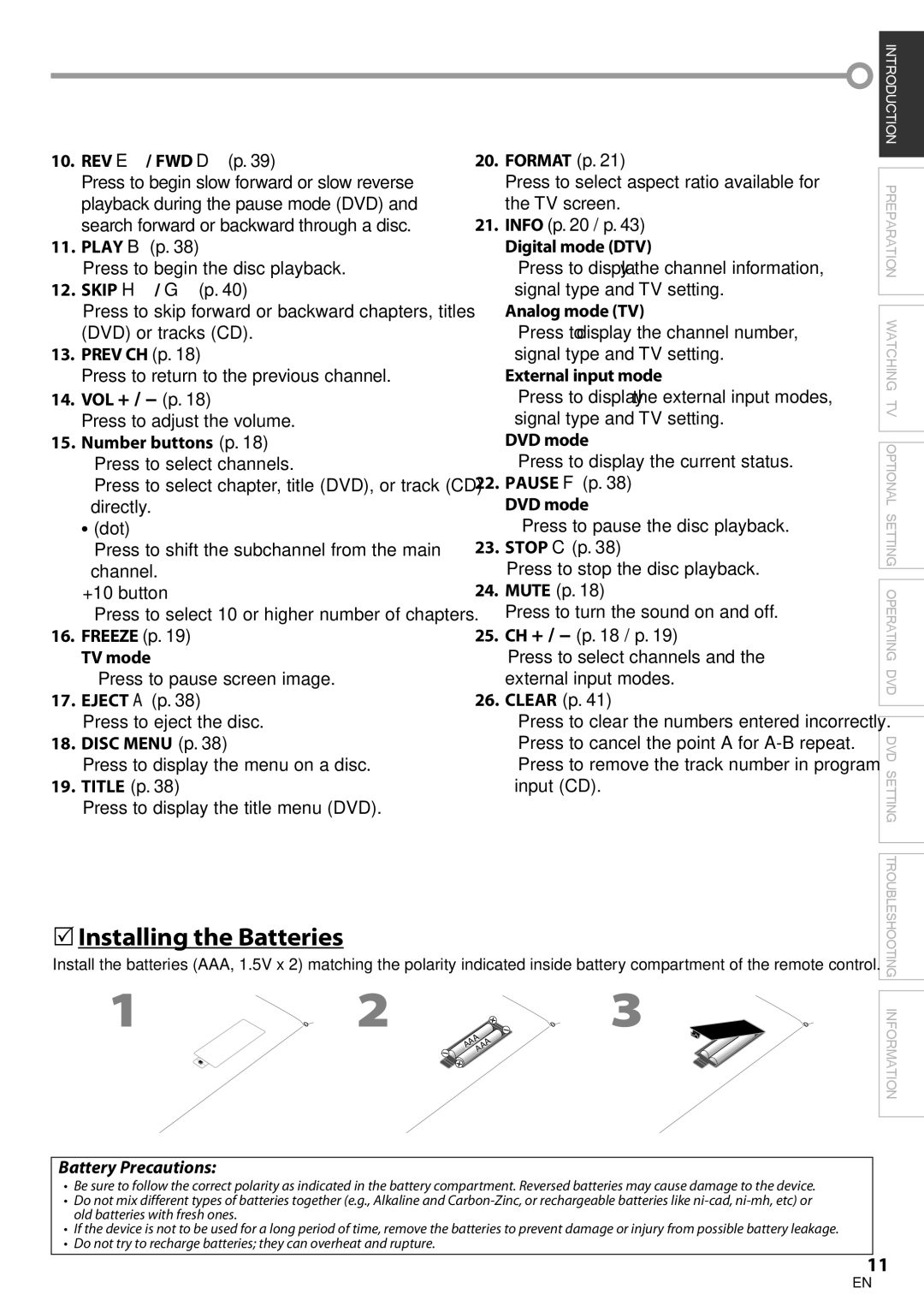 Philips 19MD350B/F7 user manual  Installing the Batteries, Battery Precautions 