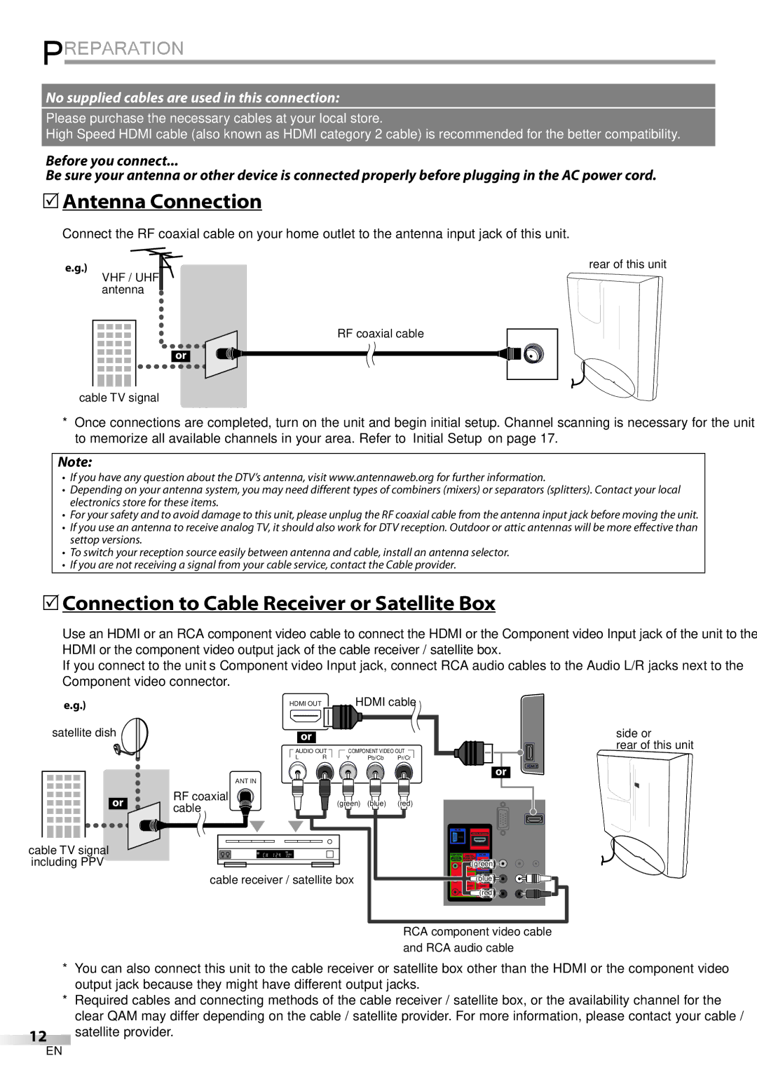 Philips 19MD350B/F7 Preparation,  Antenna Connection,  Connection to Cable Receiver or Satellite Box, Satellite provider 