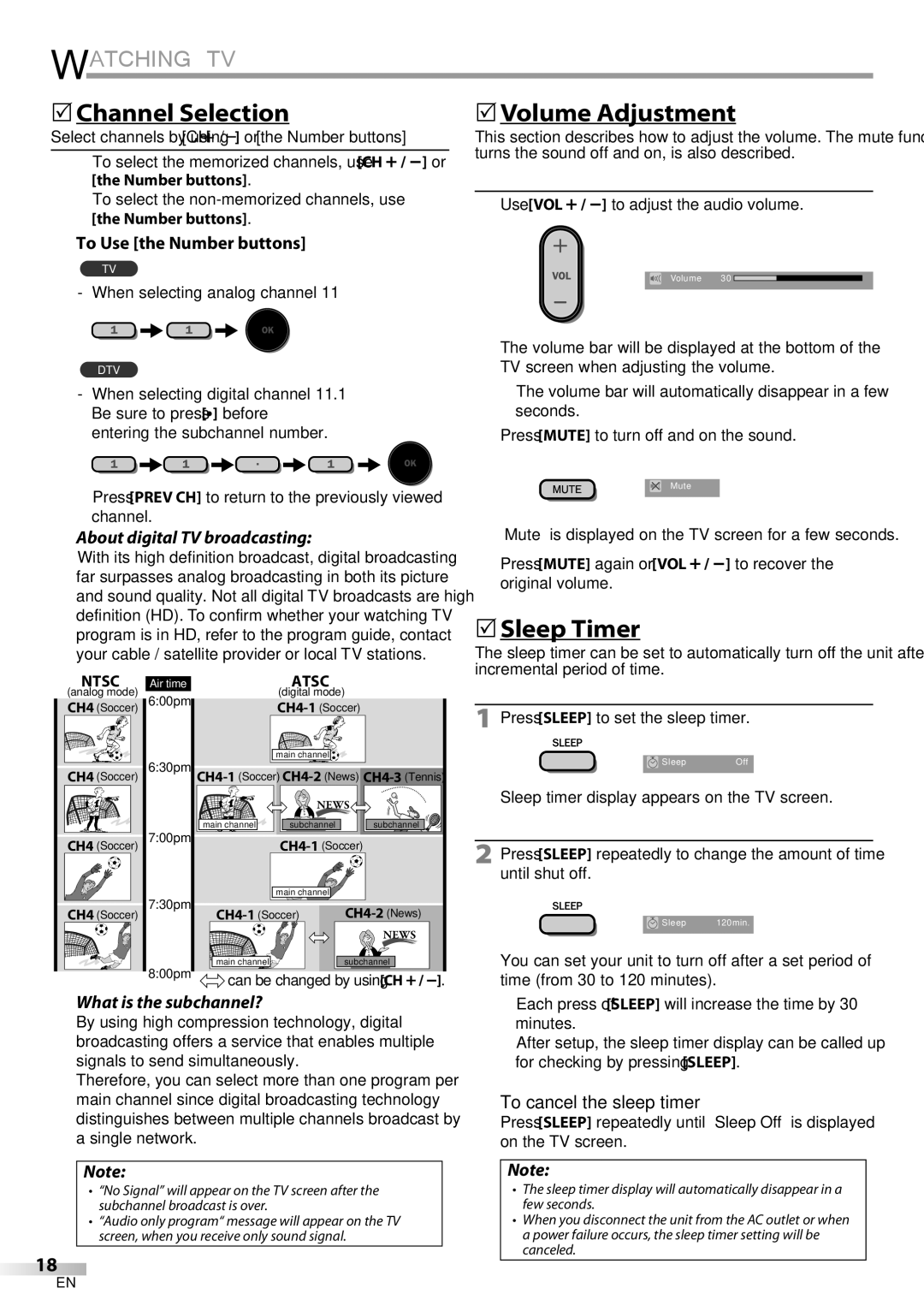 Philips 19MD350B/F7 user manual Watching TV,  Channel Selection,  Volume Adjustment,  Sleep Timer 