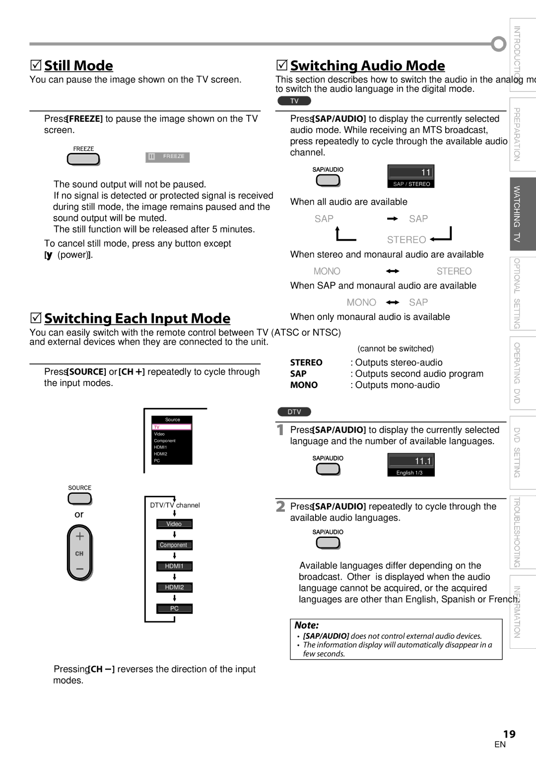 Philips 19MD350B/F7 user manual  Still Mode,  Switching Each Input Mode, Switching Audio Mode 