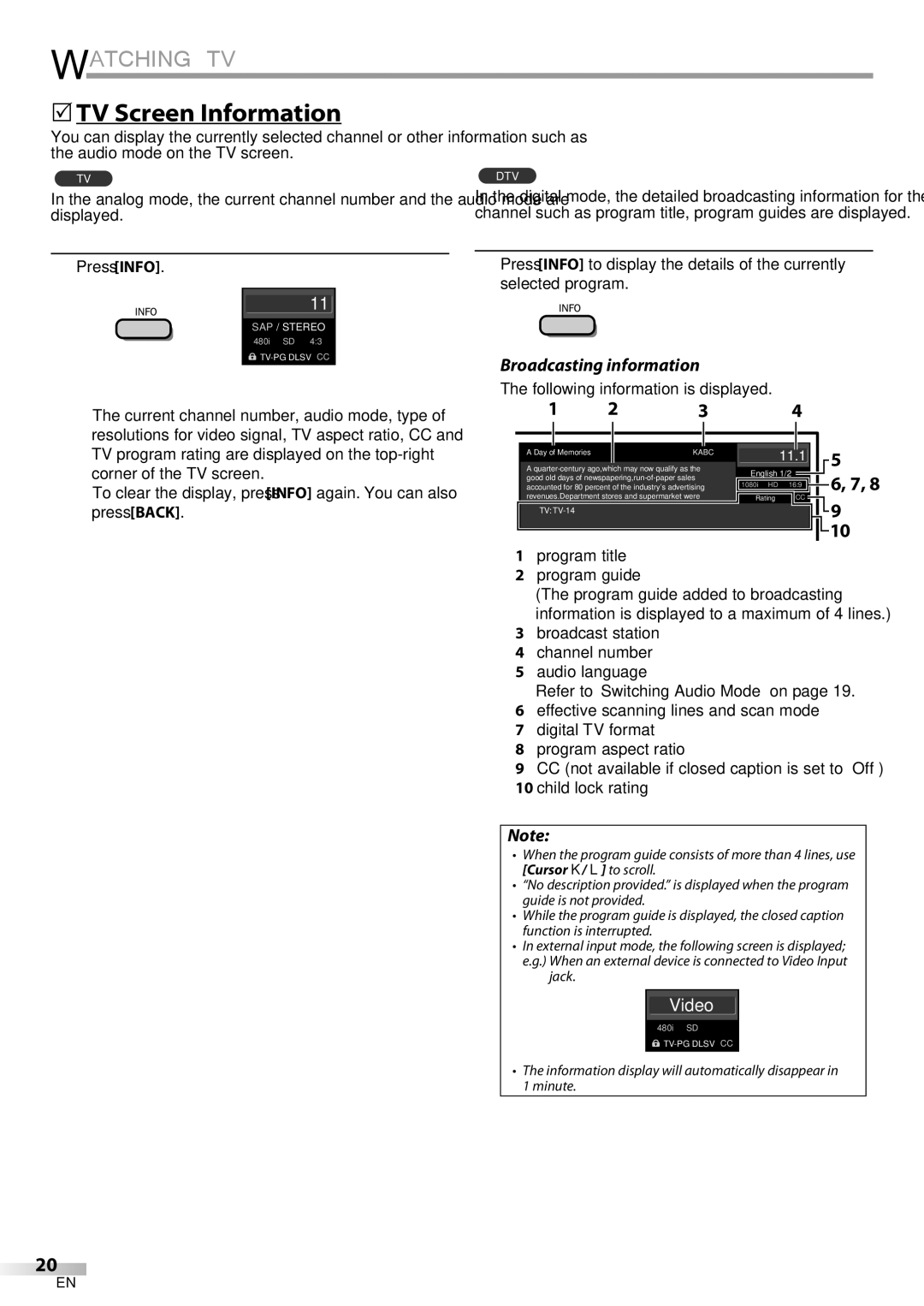 Philips 19MD350B/F7 user manual  TV Screen Information, Broadcasting information, Press Info, Selected program 