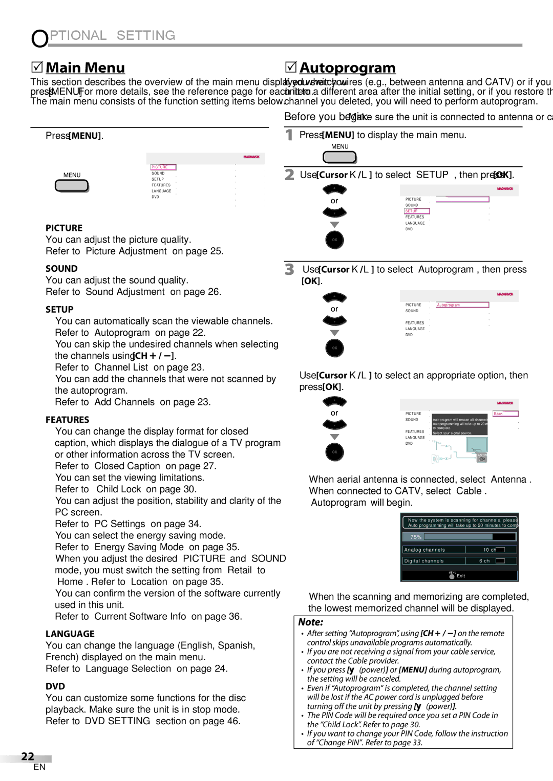 Philips 19MD350B/F7 user manual Optional Setting,  Main Menu,  Autoprogram 