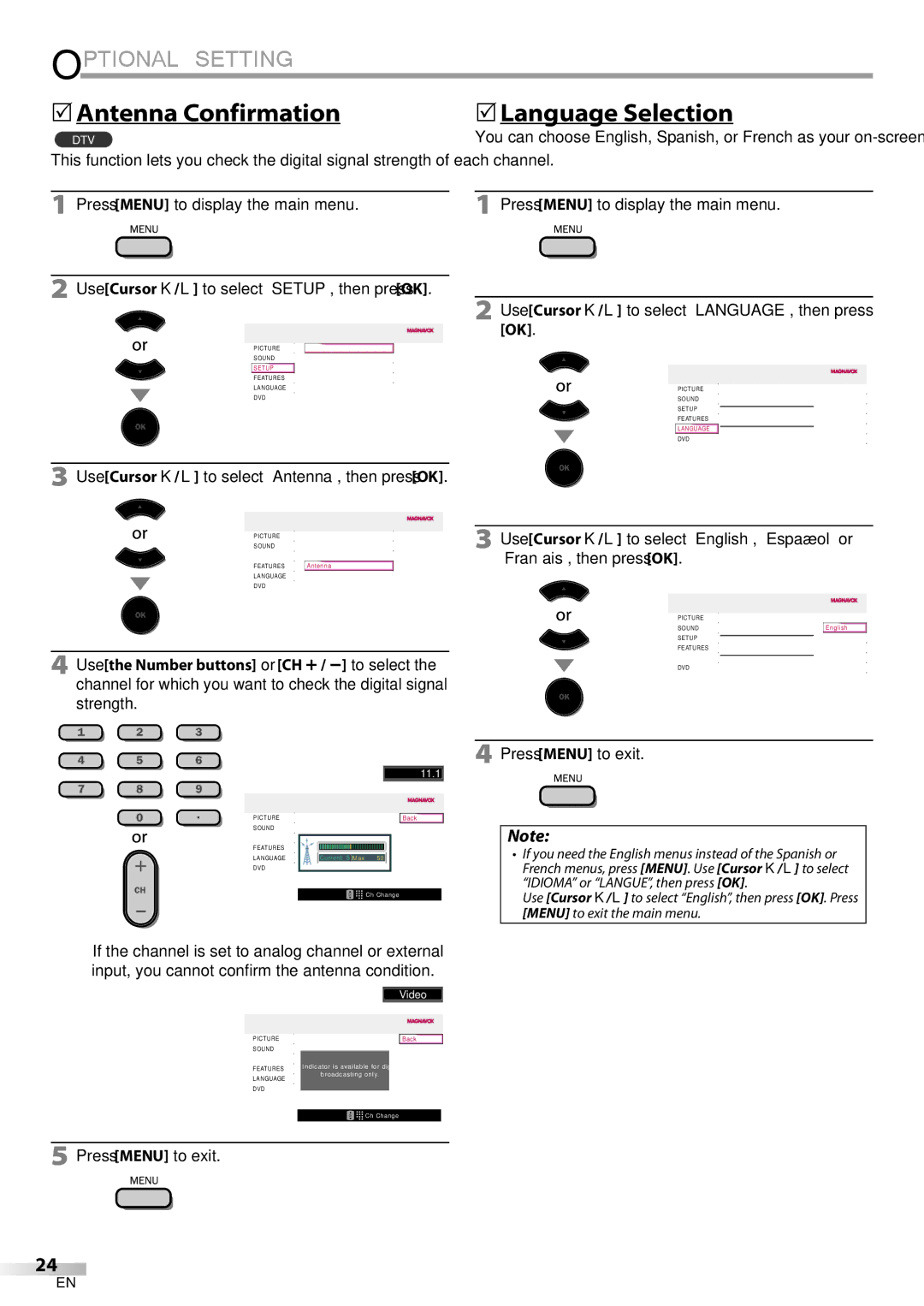 Philips 19MD350B/F7  Antenna Confirmation,  Language Selection, Use Cursor K/L to select Antenna, then press OK 